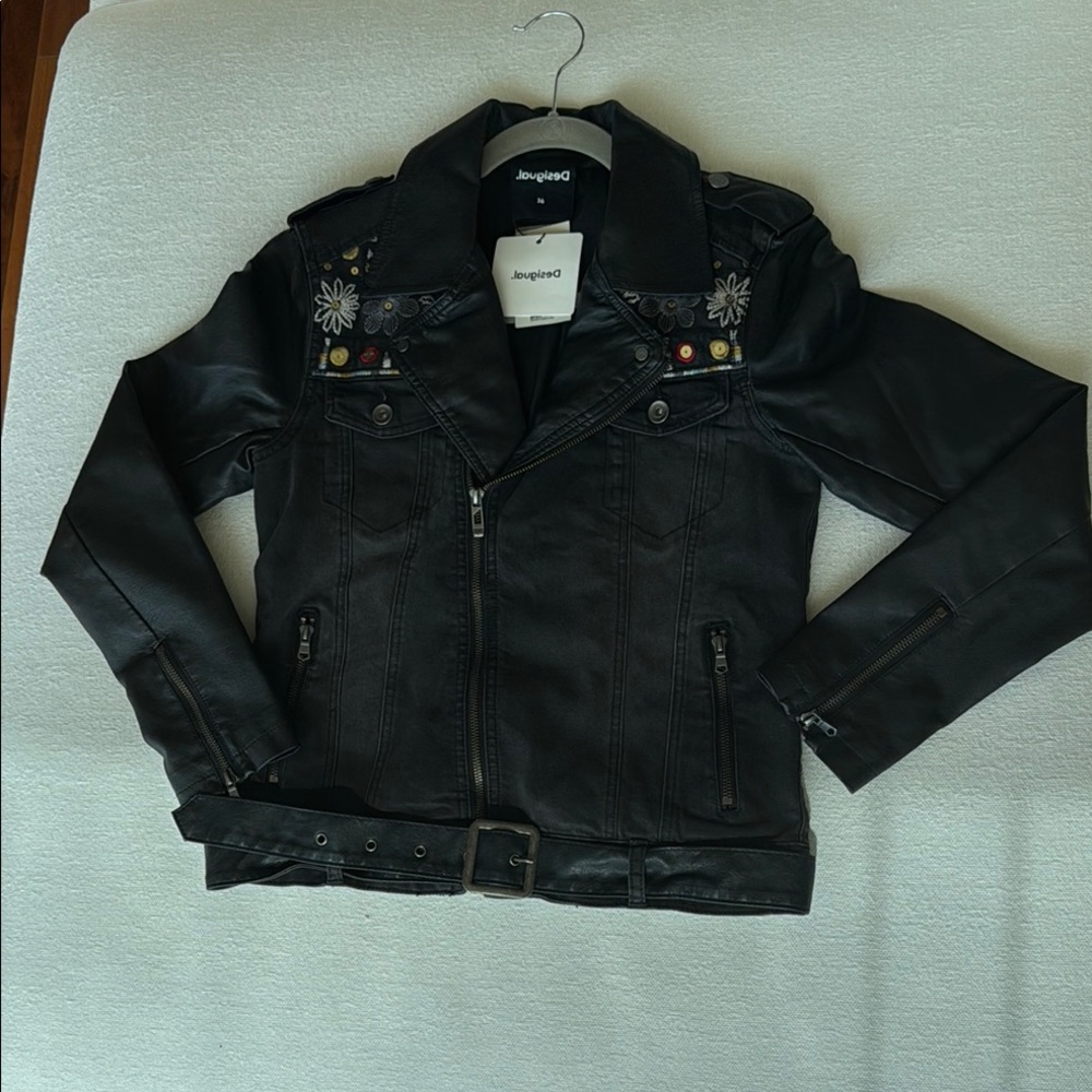 Desigual Black Jacket with Colorful Floral Embroidery